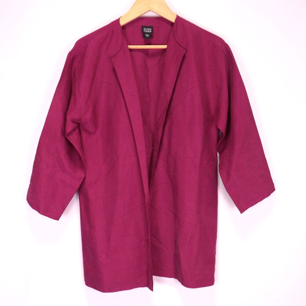 Eileen‎ Fisher Medium Plum Silk Lightweight Open Front Cardigan Cover Textured